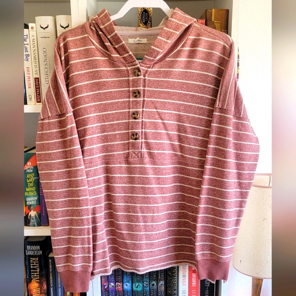 Striped Pink Pullover Hoodie with Buttons